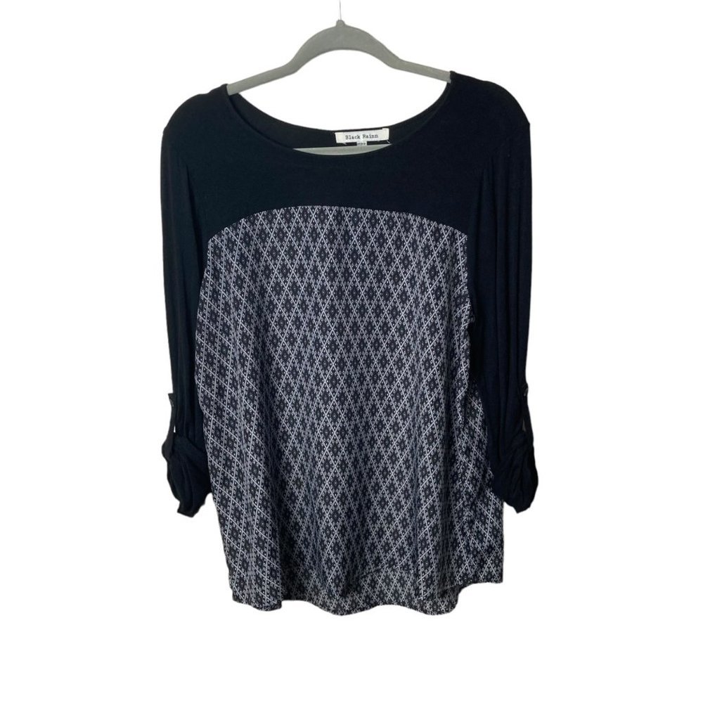 Black Rainn Women Large Black Geometric Diamond Pattern Adjustable Sleeve Blouse